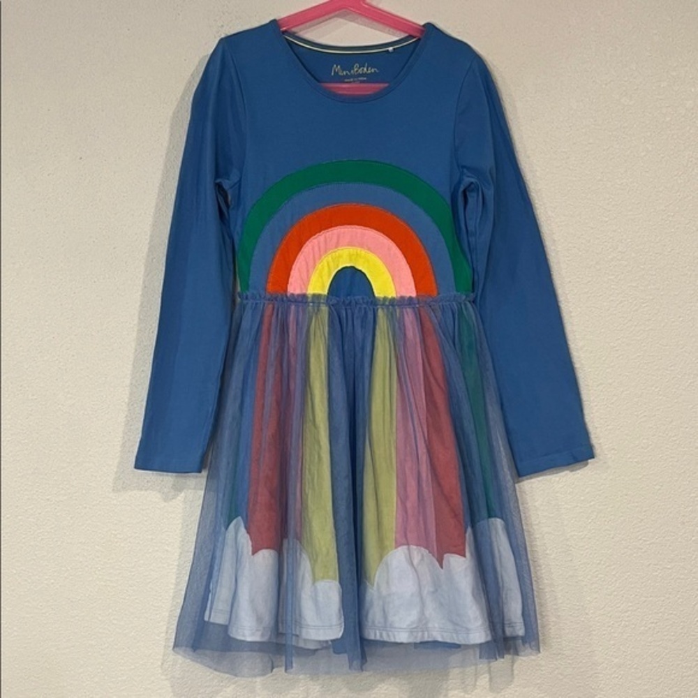 Mini Boden long sleeve rainbow cloud dress with tulle overlay 9-10yr